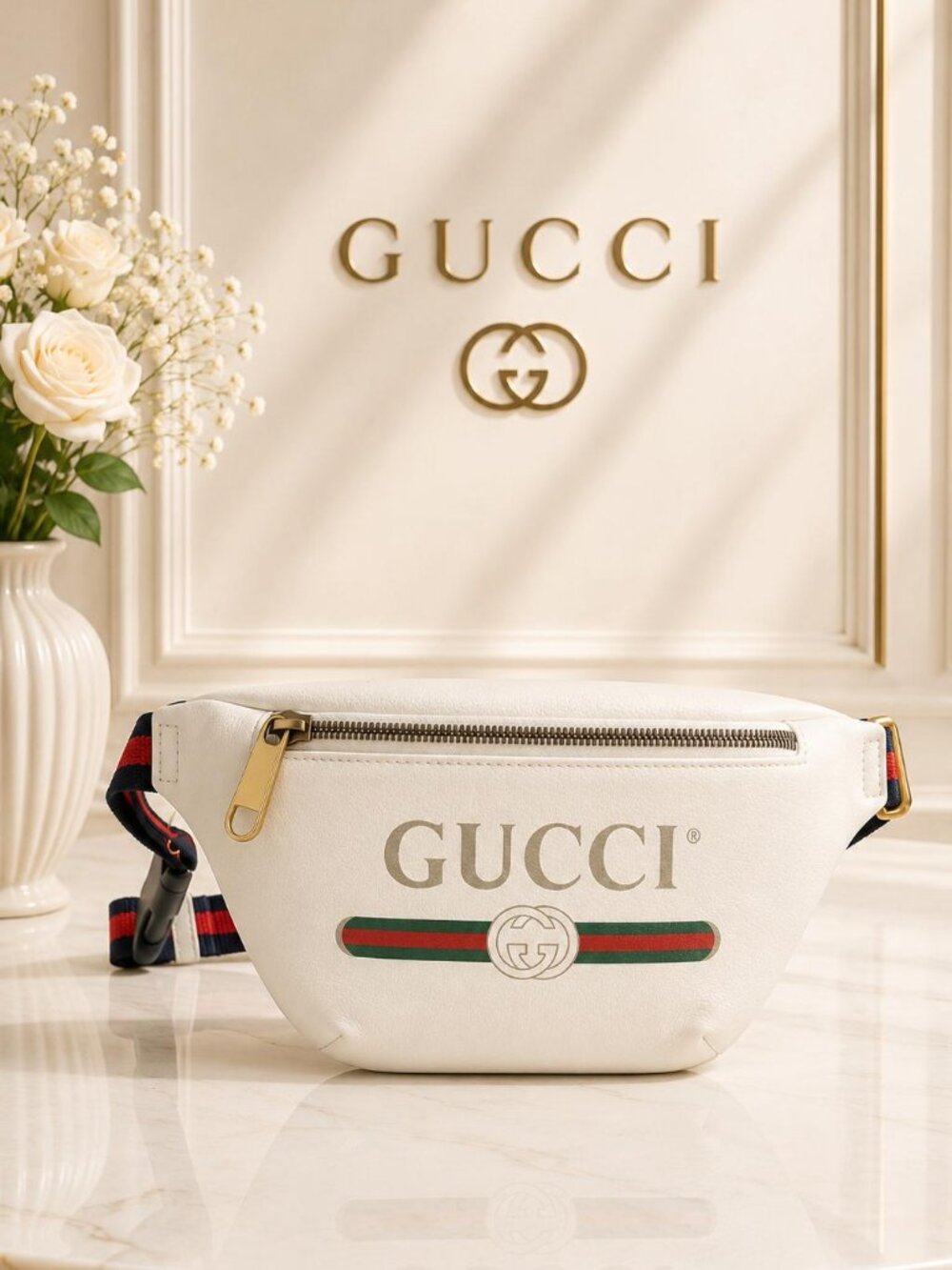 Authentic Gucci Vintage Logo Leather Belt Bag White Waist Crossbody Bag